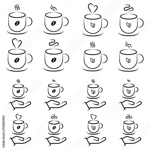 Set of Coffee Cup Icons with Steam and Hand Serving