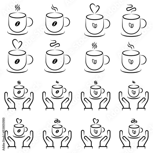 Coffee and Tea Icons with Steaming Mugs and Hand Gestures