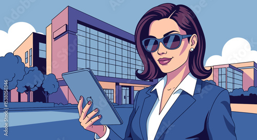 Adobe illustrator artwork vector illustration of a sexy, beauty, and confident businesswoman holding a tablet in front of a modern office building, symbolizing technology and corporate success