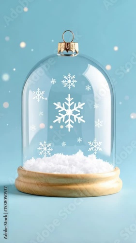 Christmas snow globe with snowflakes against a blue background with artificial snow for festive holiday decorations