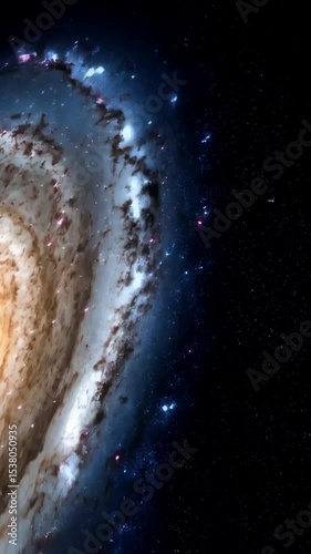 Dramatic view of a spiral galaxy with bright center core and swirling arms, deep space background filled with stars and nebulae.