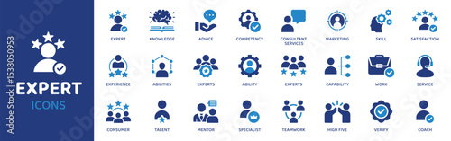 Expert - Icon Collection. Thin Line Set contains such Icons as Expert, Pro, Guru, Master, Mentor, Coach, Specialist and more. Simple web icons set.