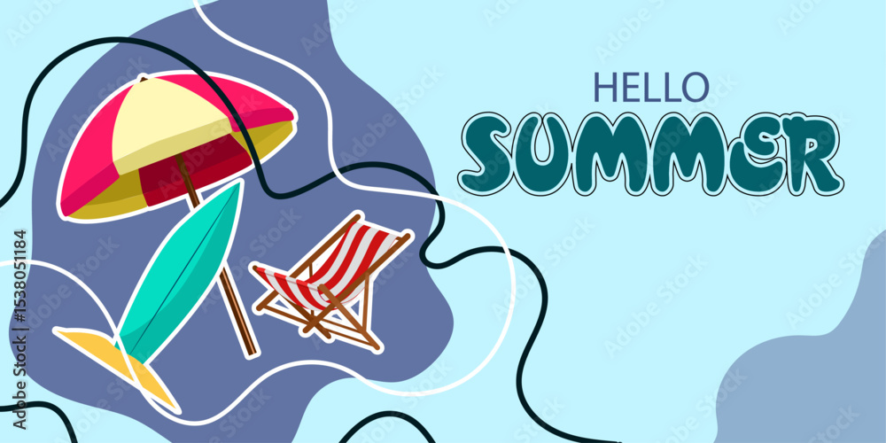 Fototapeta premium hello summer concept background,card and banner design.umbrella,surfboard and beach chair stickers decorative and curve lines background vector illustration.