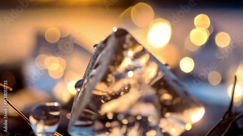 Icy pyramid formation glistening under sunset light, resting on snow-covered earth, macro photography focus