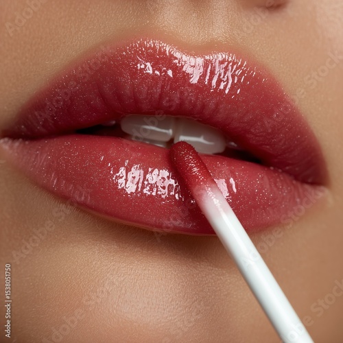 Red lip gloss on glossy lips