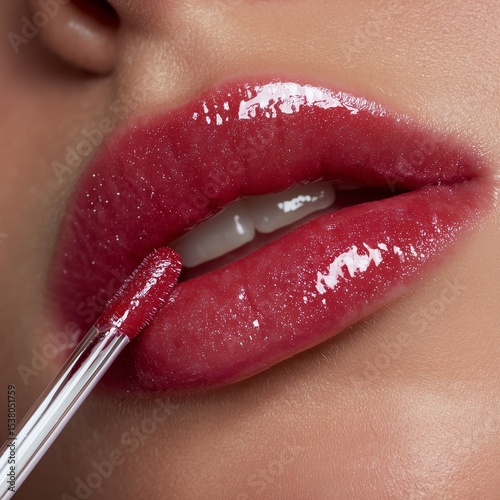 Red lip gloss on glossy lips