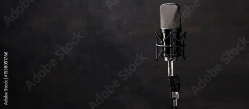 Studio microphone on stand against dark background.