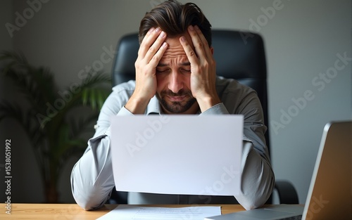 Distressed man sitting at desk holding letter symbolizing layoff notice, reflecting emotional response to job loss in professional office setting. High quality
