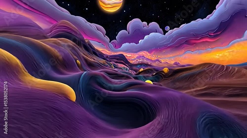 Surreal landscape with vibrant colors and planetary details, evoking a sense of wonder.
