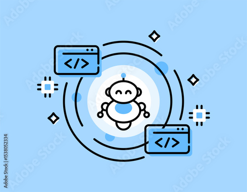 artificial intelligence programming concept. creating a program with the help of ai. ai coding service. illustration of robot symbol with programming symbols. flat style design with outline. asset