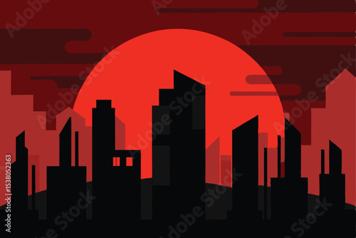 Silhouettes of city buildings against a dramatic red sunset.