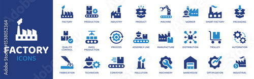 Factory - Icon Collection. Thin Line Set contains such Icons as Factory, Plant, Industry, Machine, Gear, Assembly, Belt and more. Simple web icons set.