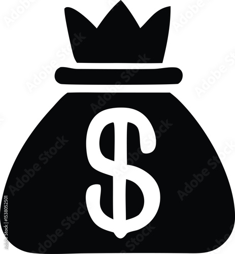 A black and white illustration of a money bag with a crown on top