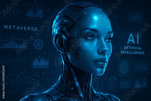 AI Metaverse Robot Woman Future Technology, Digital Interface, Data Analysis