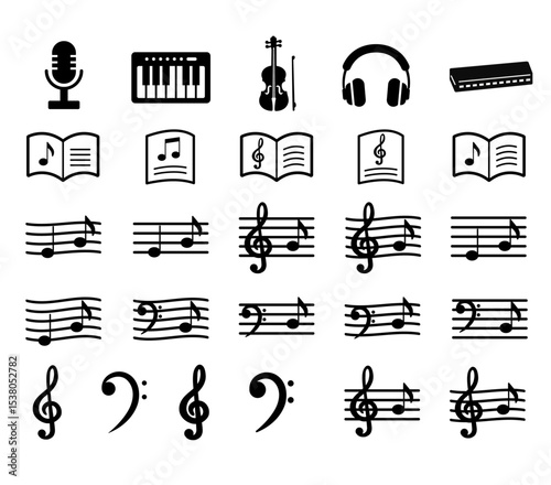 Music Icon Set : music, symbol, musical instrument, art, doodle, black, board, G clef, F clef, eighth note ,etc.