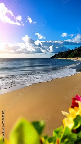 A vibrant tropical flower lei adorns a sandy beach, turquoise ocean, and cloudy sky, capturing the essence of an island paradise.