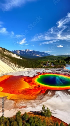 Aerial view of vibrant hot spring with colorful rings and steam rising amidst a lush green landscape under a bright blue sky