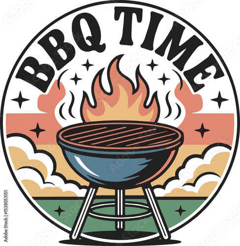 B Q Time Grill Fire Flames Retro Style Illustration