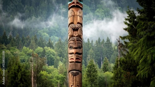 An elaborately carved wooden totem pole stands tall amid the lush green forest, showcasing traditional indigenous art and cultural heritage.