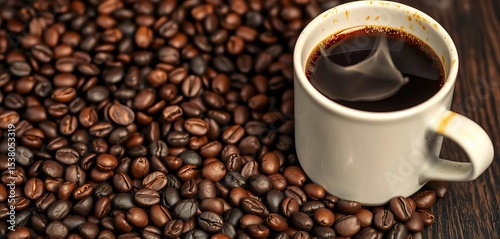 Dark roasted coffee beans spill next to a steaming mug of rich brew,  hot coffee,  coffee shop