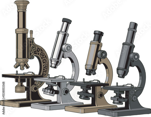 Antique Microscopes Collection Silver Gray Black Gold Illustration