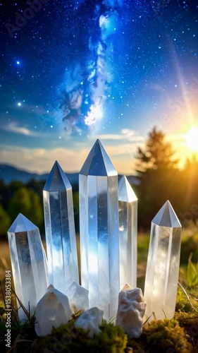 Group of clear quartz crystal points standing on moss with a sunny meadow and starry sky in a fantasy style scene