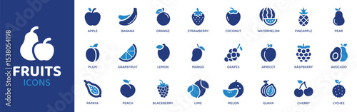 Fruits - Icon Collection. Thin Line Set contains such Icons as Fruit, Apple, Banana, Orange, Mango, Grapes, Kiwi and more. Simple web icons set.