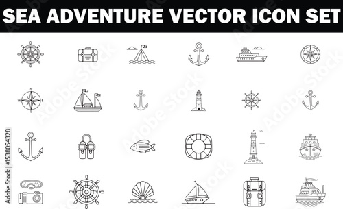 Sea Adventure Line Icons  Boat, Lighthouse, Diving, Submarine, Ocean Travel Vector Set

