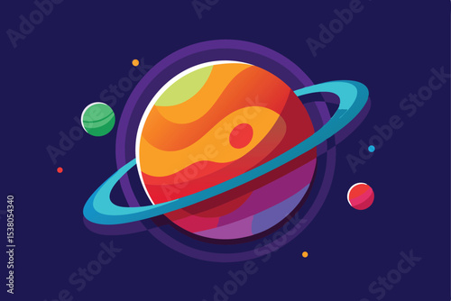 Colorful illustration of a planet with rings and smaller celestial bodies against a dark space background.