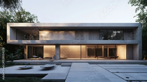 A large, modern house with a large patio and a pool. The house is surrounded by trees and has a lot of windows