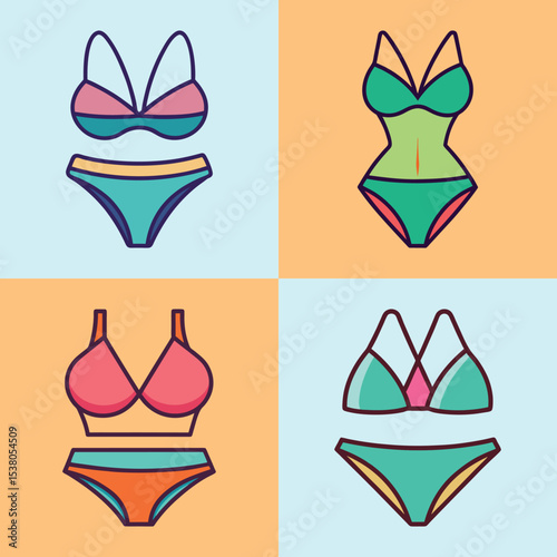 Bikini Flat Illustration Minimalist Swimwear & Summer Beach Fashion Design