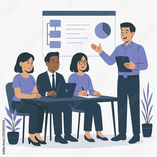 Business strategy planning illustration with four professionals in office around desk and presentation board in flat vector Illustration