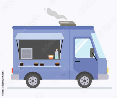 Flat Vector Blue Food Truck with Kitchen Utensils and Microwave, Street Food Festival Mobile Restaurant on Wheels