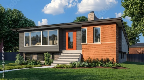 A small house with a brick exterior and a red door. The house has a lot of windows, including a large one on the front.