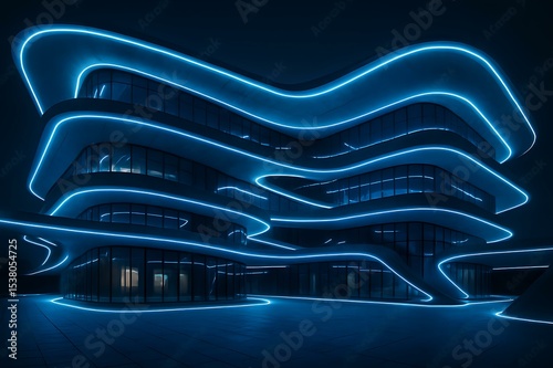 Futuristic Neon Building Nighttime Architectural Design, Blue Illumination