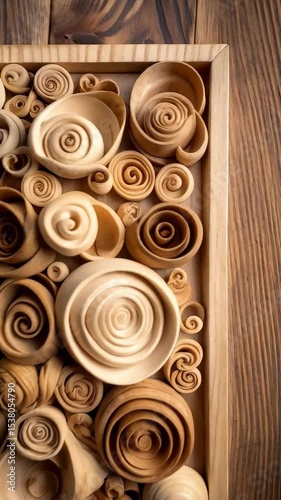 Wooden artwork displaying spiral shaped carvings crafted and arranged in a rectangular frame, showcasing natural patterns.