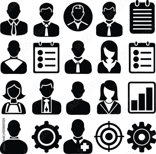 Collection of black and white glyph icons representing business people checklists and business charts