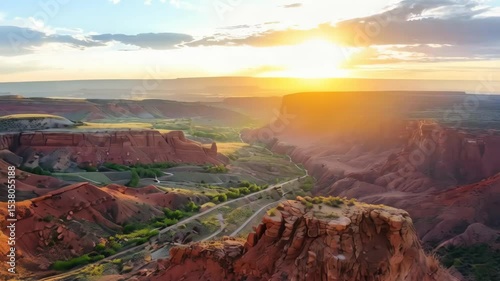 Scenic landscape featuring a prominent rock formation with canyon and valleys at sunset, vibrant colors and clear sky enhancing the serene vista
