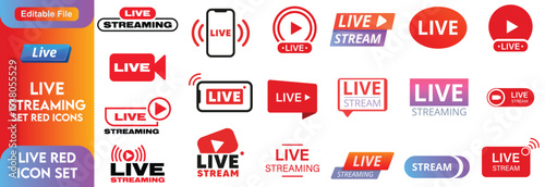 Live stream, online webinar or TV news broadcast vector icons of camera and recording button. Television live channel and streaming web video or online news play symbols, vlog or tube broadcast