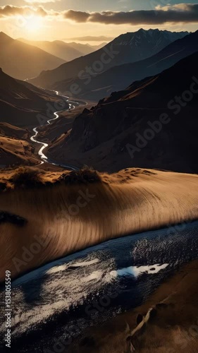 Mountainous landscape with a winding river flowing through a valley at sunrise, illuminated peaks and golden grassy foreground