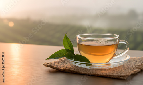 Morning Tea Sunrise Serenity with a Warm Cuppa and Fresh Leaves