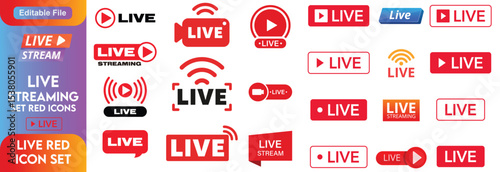 Live stream, online webinar or TV news broadcast vector icons of camera and recording button. Television live channel and streaming web video or online news play symbols, vlog or tube broadcast