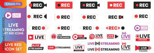 Live stream, online webinar or TV news broadcast vector icons of camera and recording button. Television live channel and streaming web video or online news play symbols, vlog or tube broadcast