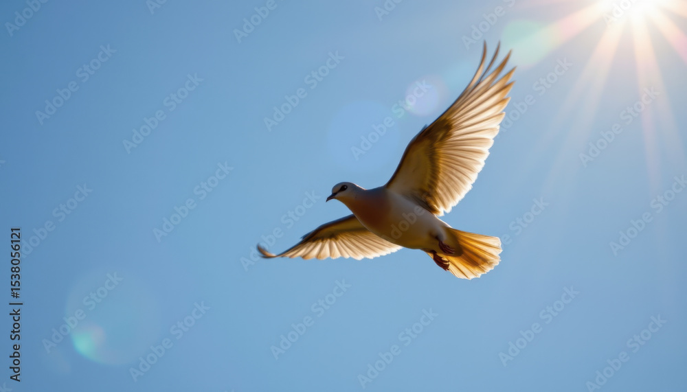 Obraz premium Dove midflight against clear blue sky, showcasing its elegant wings spread wide. sunlight creates beautiful halo effect, enhancing serene atmosphere of scene