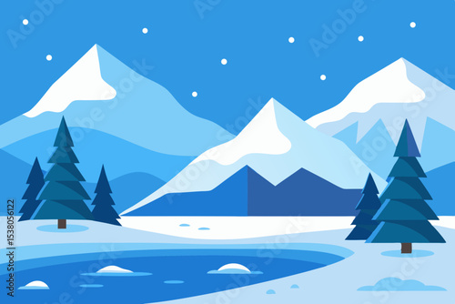 Snowy mountain landscape with frozen lake and pine trees