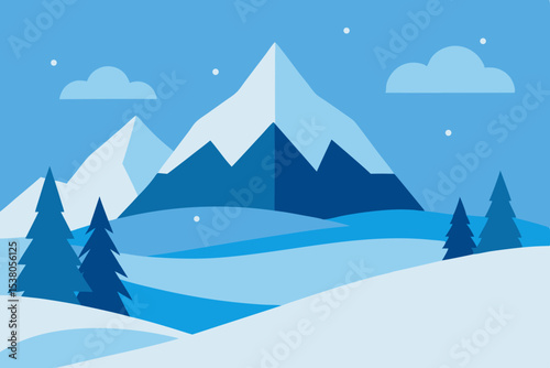 Snowy mountain landscape with frozen lake and pine trees