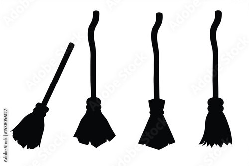 halloween broomstick black silhouette set, halloween broomstick bundle