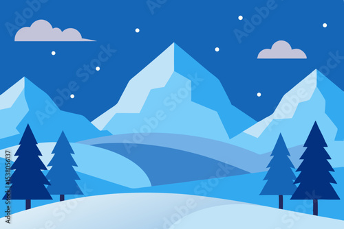 Snowy mountain landscape with frozen lake and pine trees