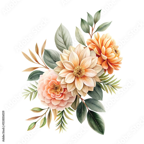 Modern floral corner decoration with peach dahlias and olive branches, flat lay style on white background, wedding stationery concept