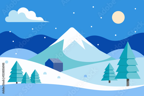 Snowy mountain landscape with frozen lake and pine trees
